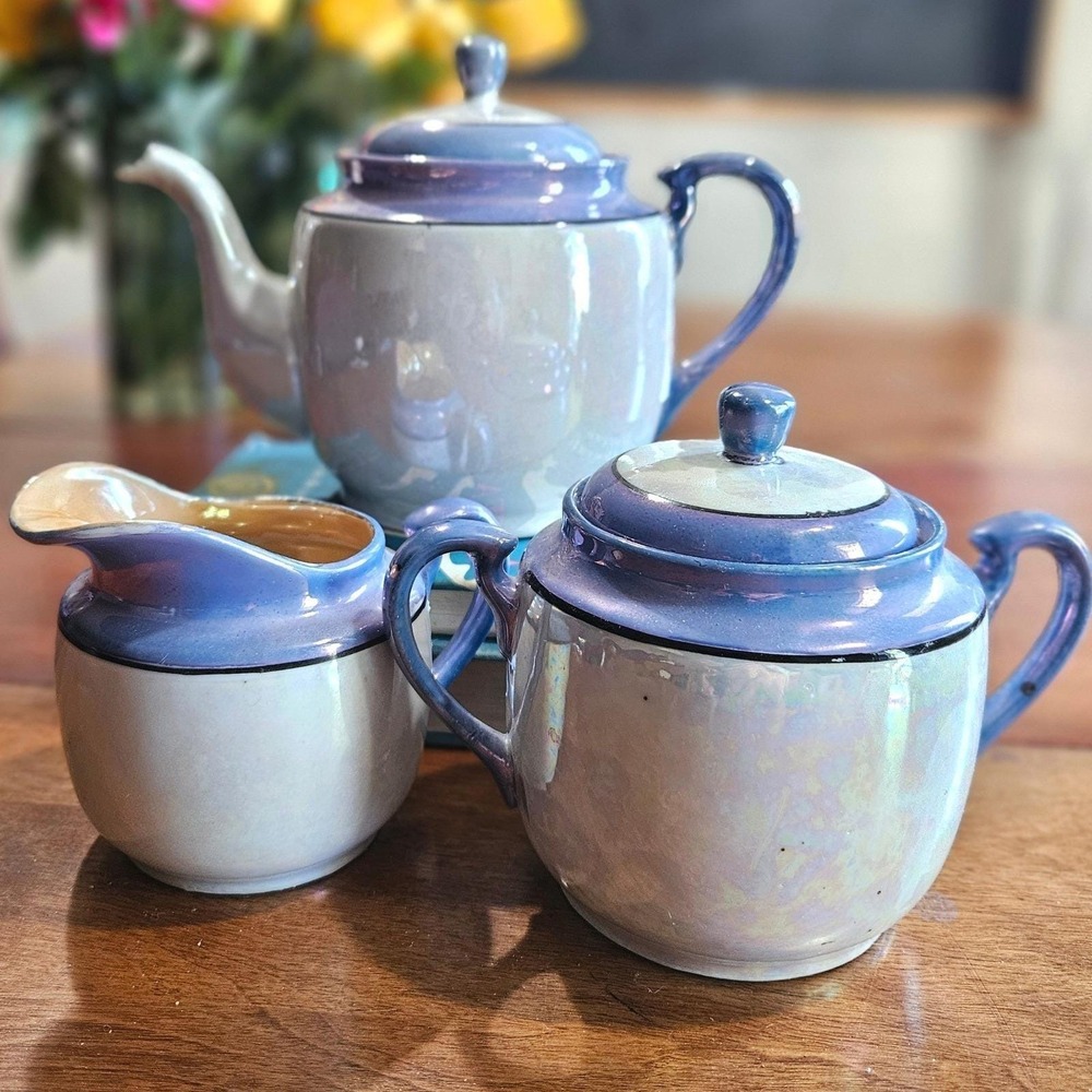 Japanese Blue Lusterware Tea Set Teapot Sugar Creamer 3 Pc Iridescent Vtg - Picture 3 of 9